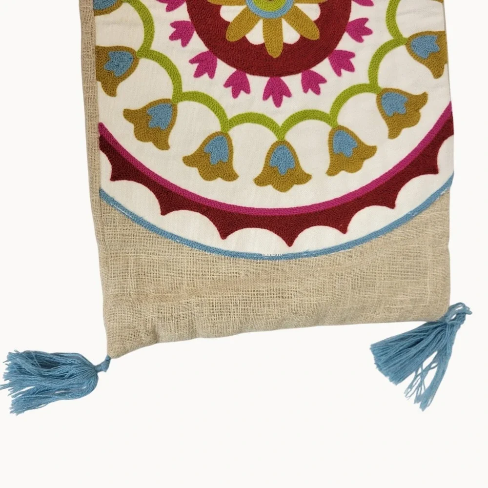 Rectangular Boho Multicolor Mosaic Beige Burlap Blue Tasseled‎ Pillow Sham Cover